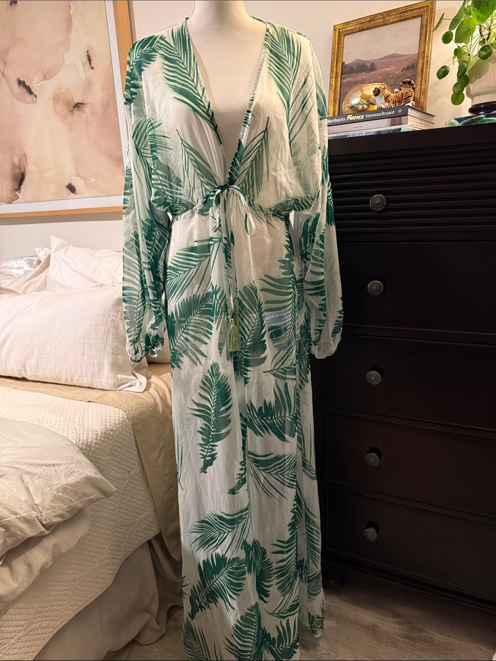 Aakaa Green Leaf Print Lightweight Sheer Cover Up or Duster